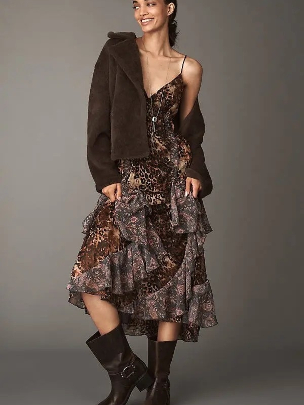 Elle Black and Brown Leopard Print Slip Dress